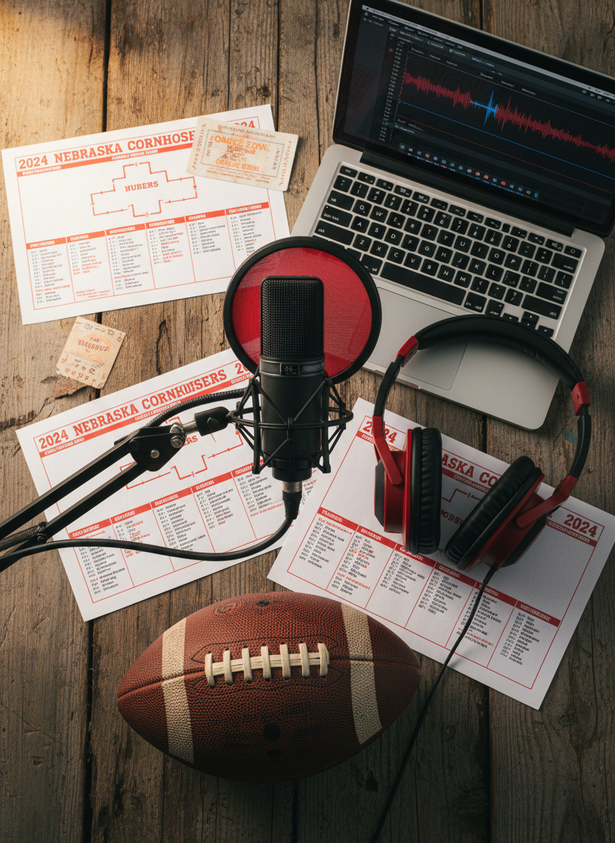 A photographic collage-style flat lay on a rustic wooden table showcasing Nebraska football fan podcast essentials: a large over-ear microphone with a bold red pop filter, a pair of professional headphones with red accents, a sleek laptop displaying an audio waveform interface, and a well-worn Nebraska football with visible stitching and scuff marks. Scattered around are printed game schedules, minimalist bracket diagrams suggesting bowl outcomes, and a small vintage ticket stub from a 1990s bowl game, all carefully arranged. Soft, directional studio lighting from the left creates gentle shadows and subtle reflections on metal and glass, conveying a focused, behind-the-scenes atmosphere. Shot from directly overhead with crisp detail, the scene feels passionate and organized, perfect for a podcast studio page.