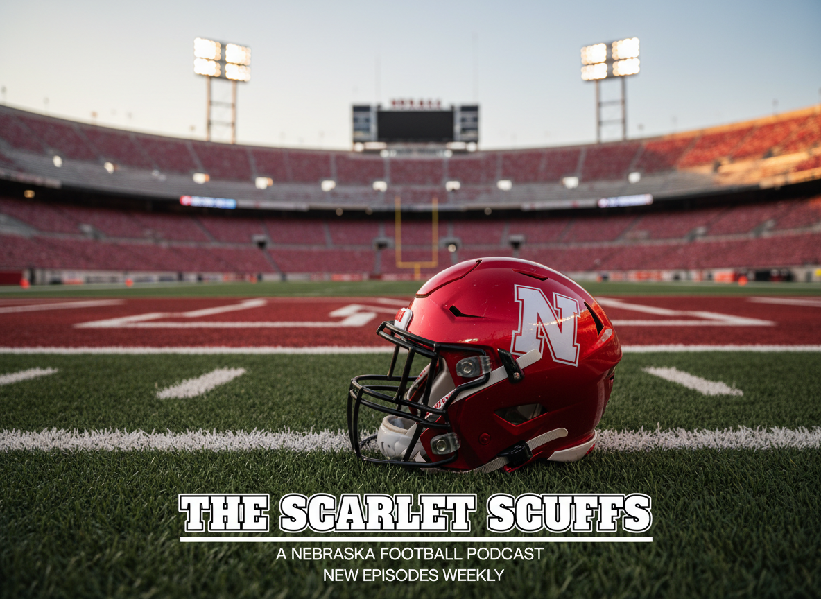A bold, photographic realism banner image featuring a close-up of a bright red Nebraska football helmet resting on perfectly trimmed green turf at midfield of a massive modern stadium. The white yard lines and a sharply painted midfield logo stretch into the distance, with towering light standards and a packed sea of blurred red seats suggested in the background, but no individual fans visible. Late afternoon golden-hour light rakes across the helmet, catching metallic flecks and subtle scuffs in the finish. Shot from a low, slightly off-center angle with shallow depth of field, the mood is intense and anticipatory, perfect for a podcast homepage about Nebraska football.